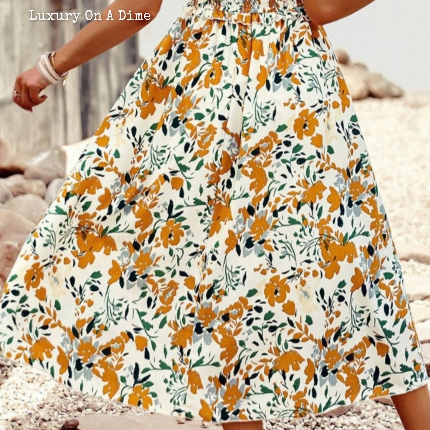 Colorful Bright Print Smocked Bodice Tie Shoulder Summer Midi Dress (5 colors Available)