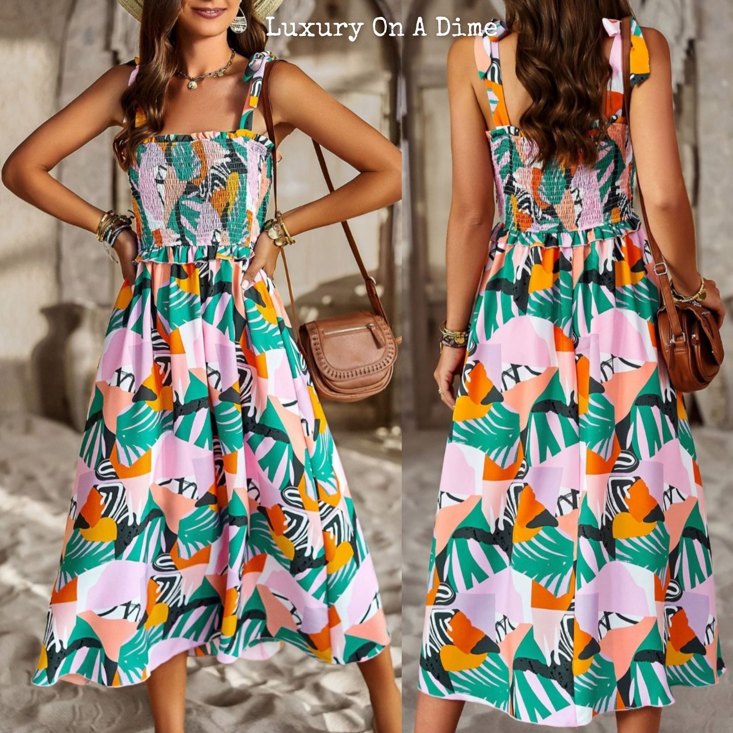 Colorful Bright Print Smocked Bodice Tie Shoulder Summer Midi Dress (5 colors Available)