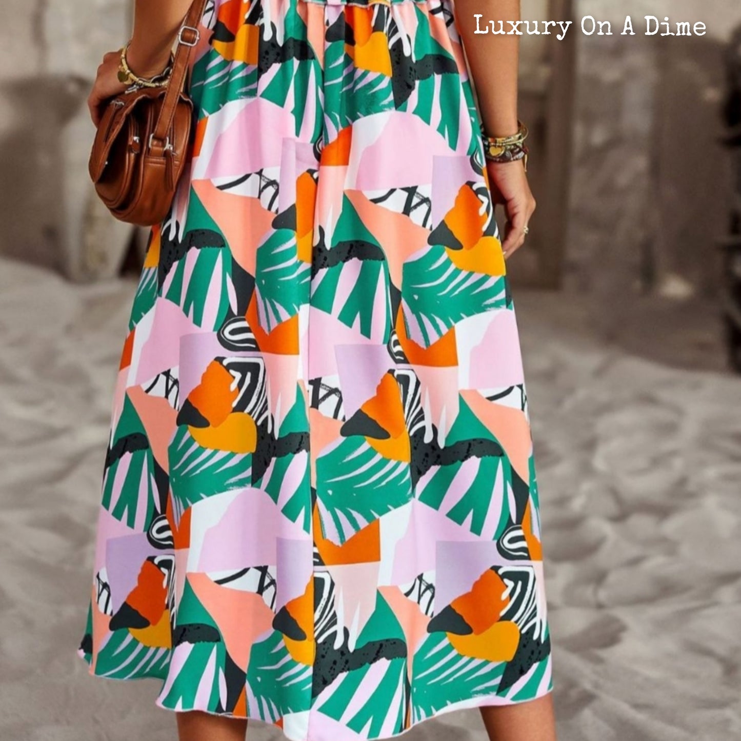 Colorful Bright Print Smocked Bodice Tie Shoulder Summer Midi Dress (5 colors Available)