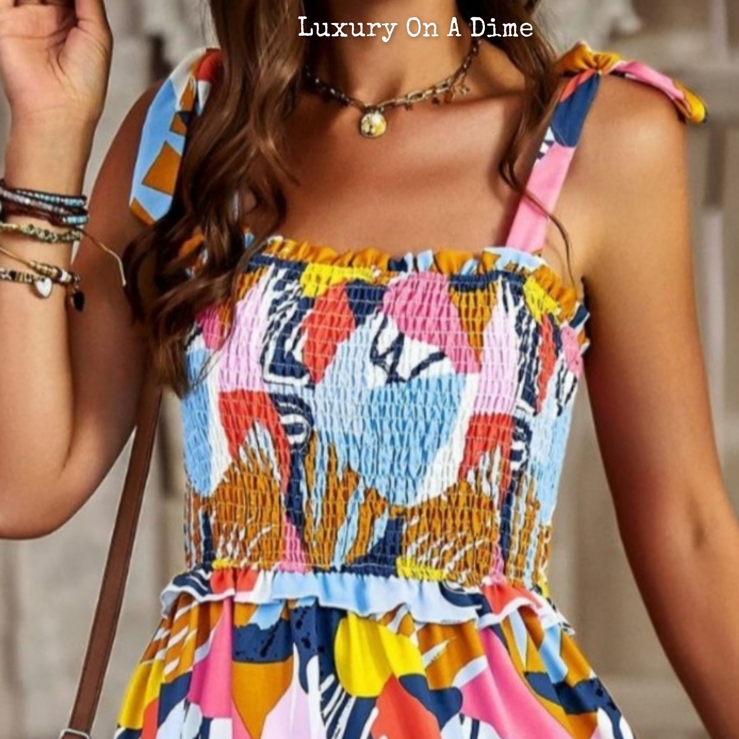 Colorful Bright Print Smocked Bodice Tie Shoulder Summer Midi Dress (5 colors Available)