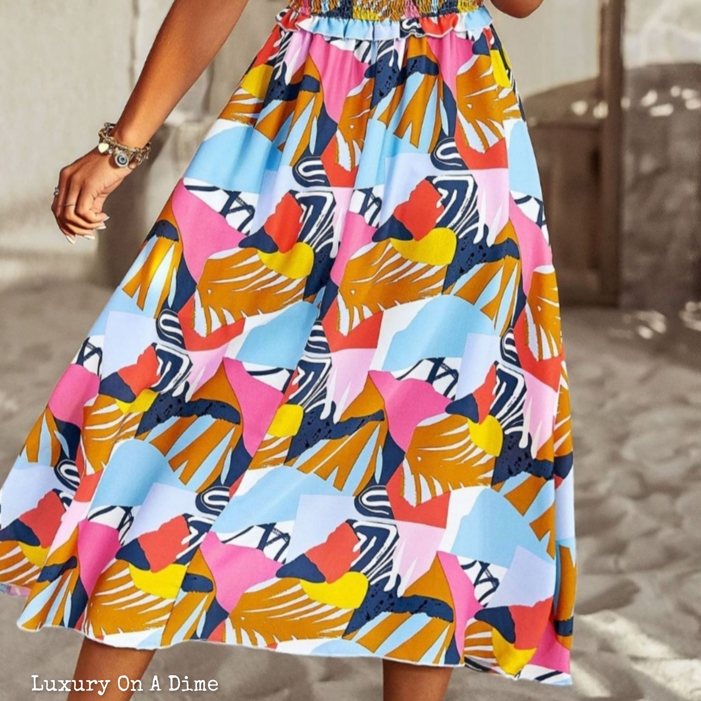 Colorful Bright Print Smocked Bodice Tie Shoulder Summer Midi Dress (5 colors Available)