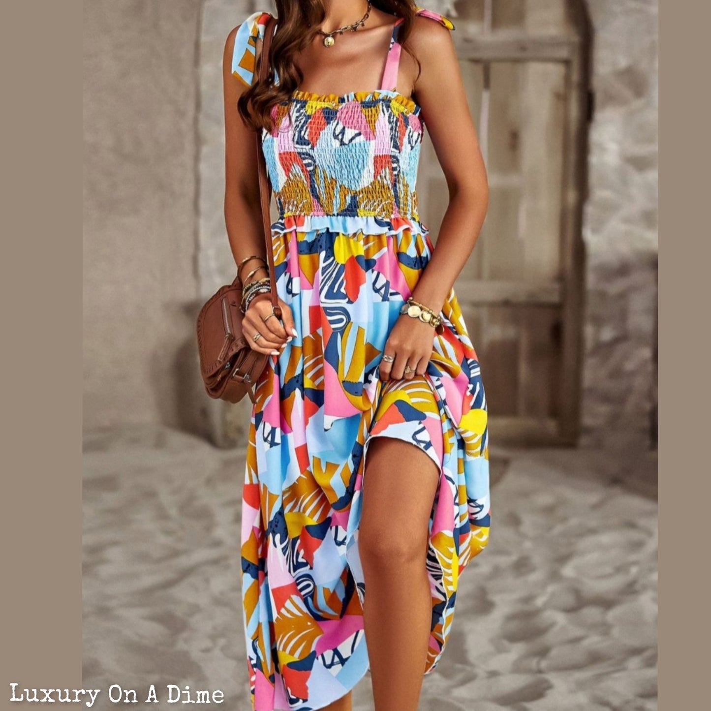 Colorful Bright Print Smocked Bodice Tie Shoulder Summer Midi Dress (5 colors Available)