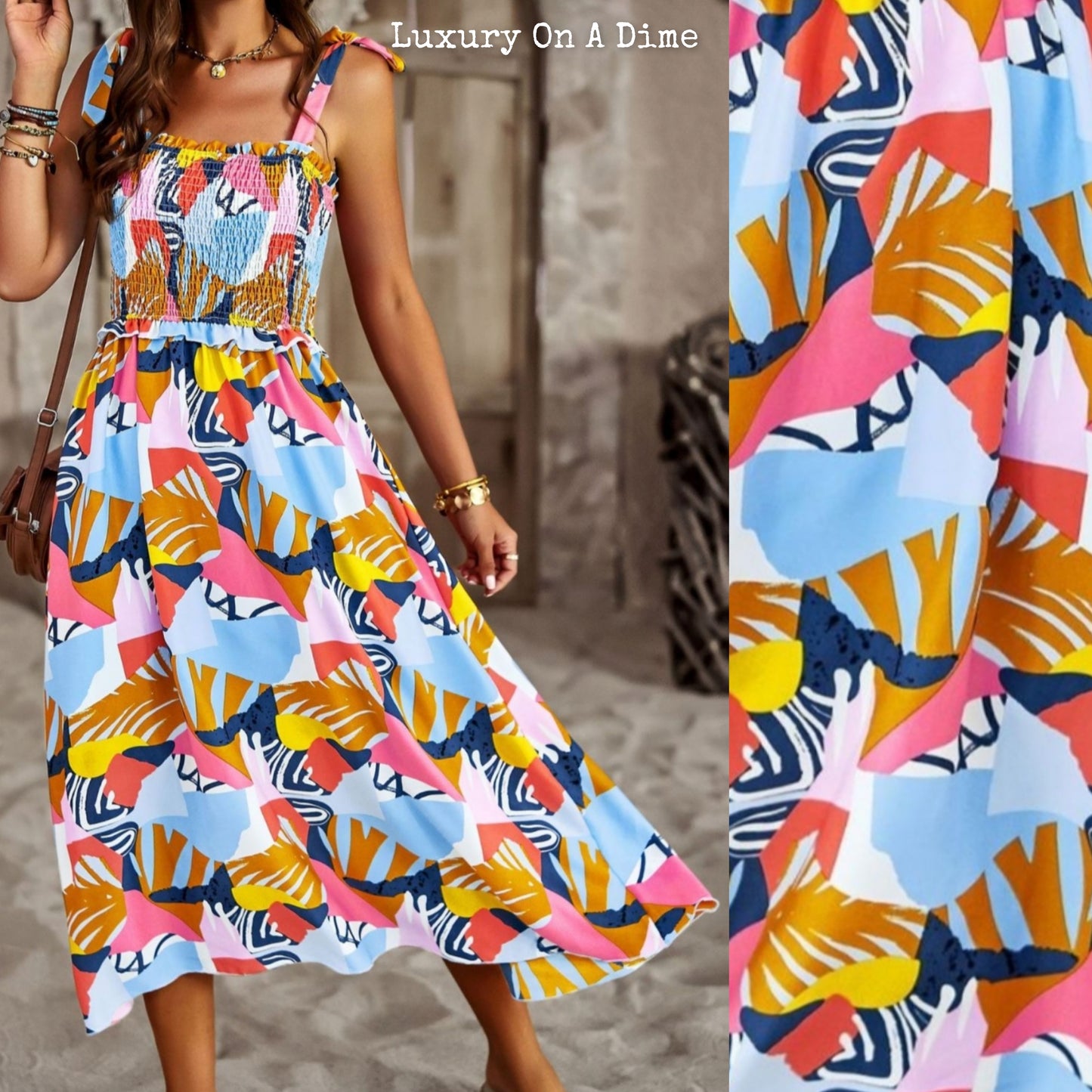 Colorful Bright Print Smocked Bodice Tie Shoulder Summer Midi Dress (5 colors Available)