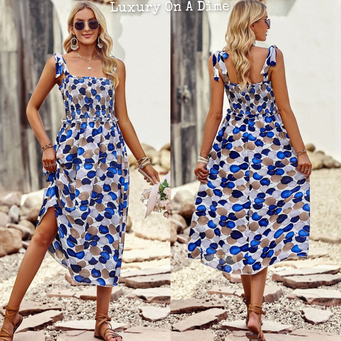 Colorful Bright Print Smocked Bodice Tie Shoulder Summer Midi Dress (5 colors Available)