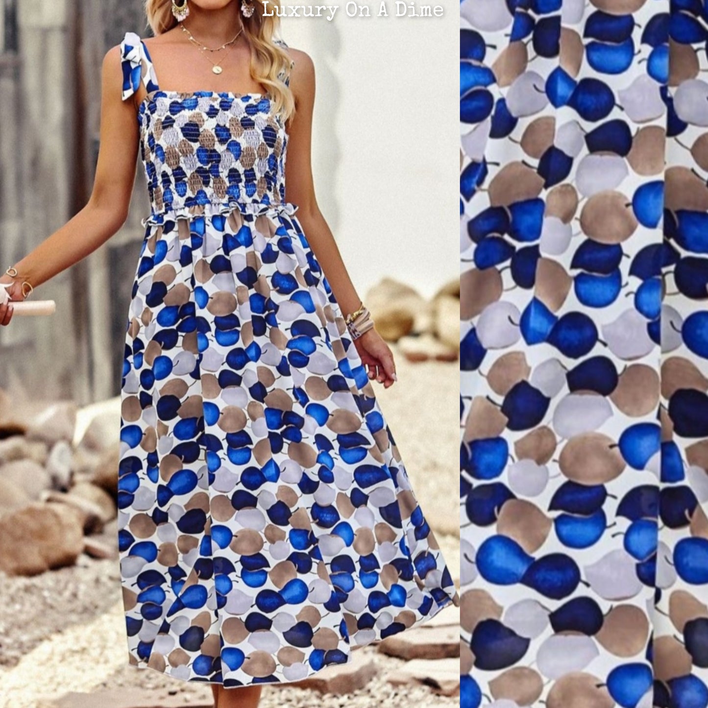 Colorful Bright Print Smocked Bodice Tie Shoulder Summer Midi Dress (5 colors Available)