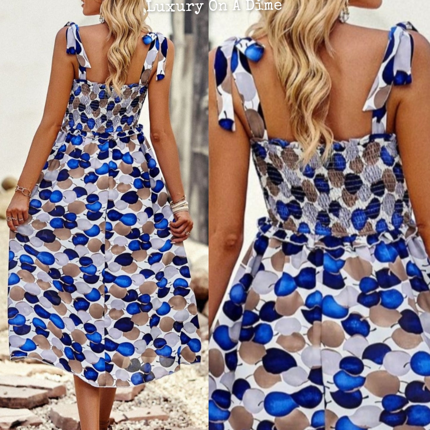 Colorful Bright Print Smocked Bodice Tie Shoulder Summer Midi Dress (5 colors Available)