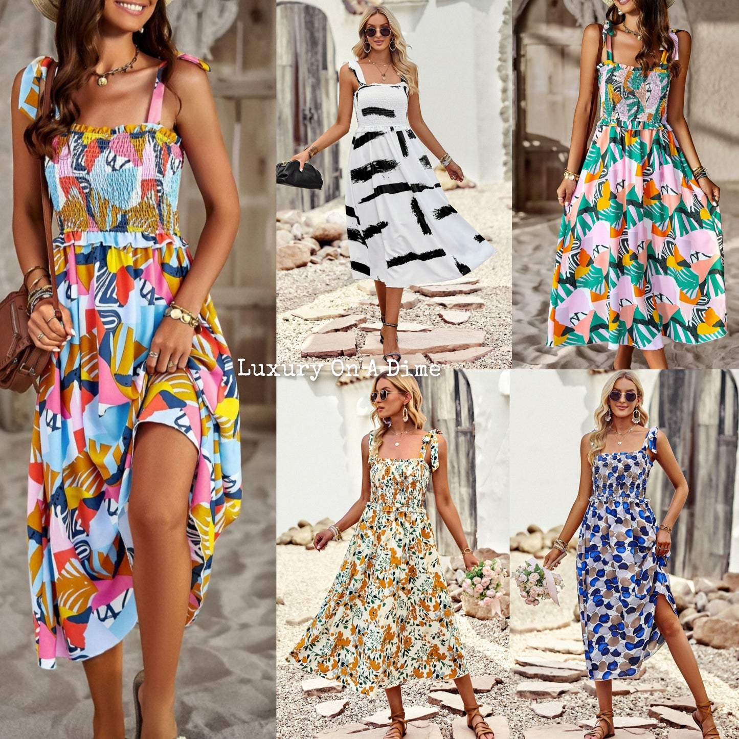 Colorful Bright Print Smocked Bodice Tie Shoulder Summer Midi Dress (5 colors Available)