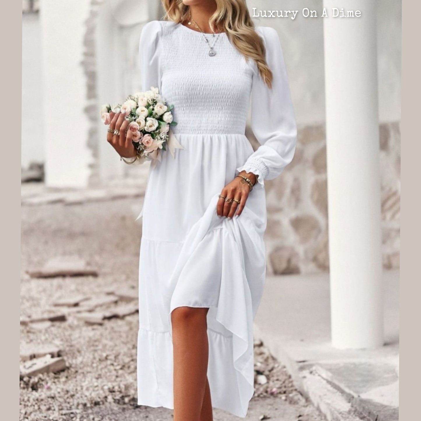 Elegant Smocked Bodice Flounce Long Sleeve Lined Midi Dress