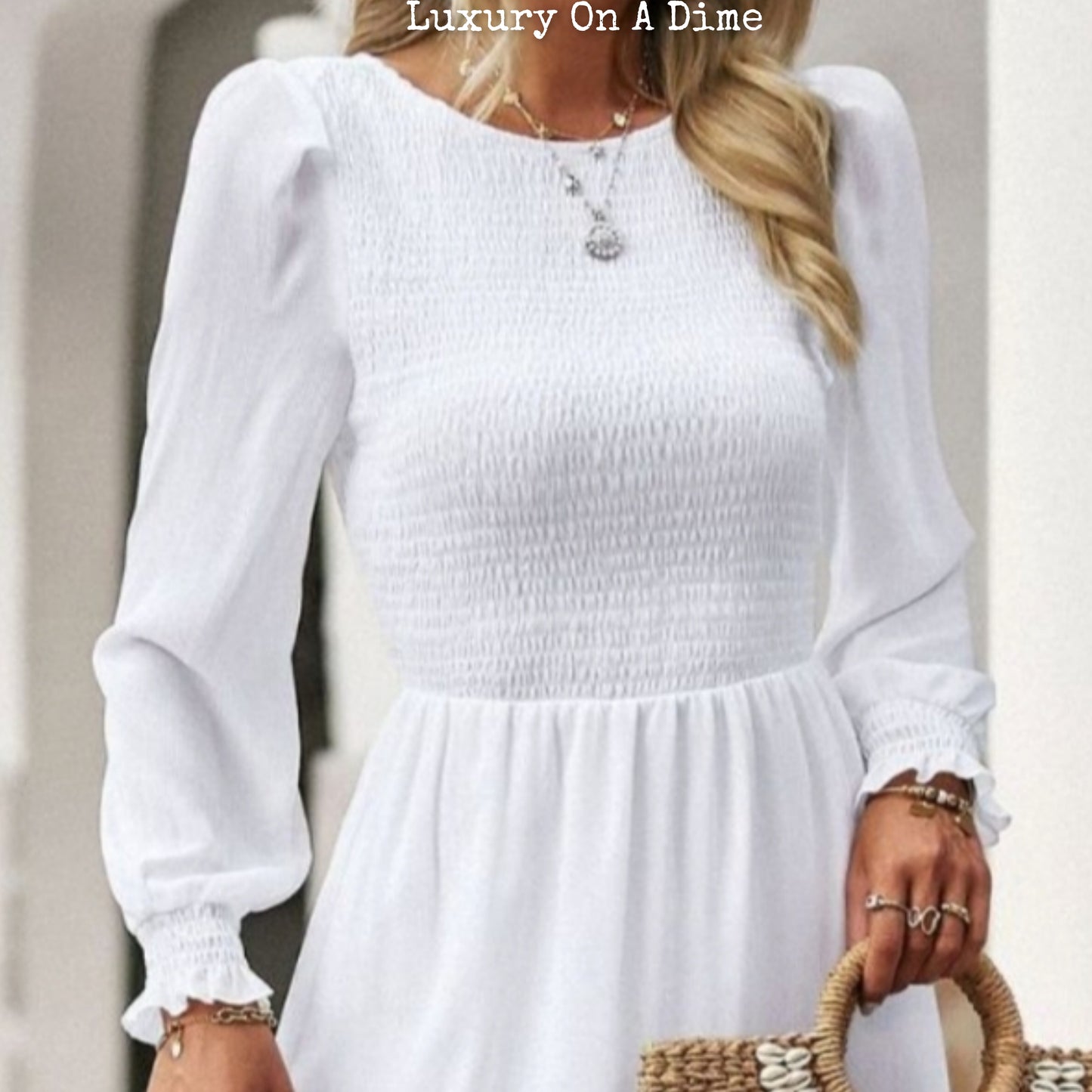 Elegant Smocked Bodice Flounce Long Sleeve Lined Midi Dress