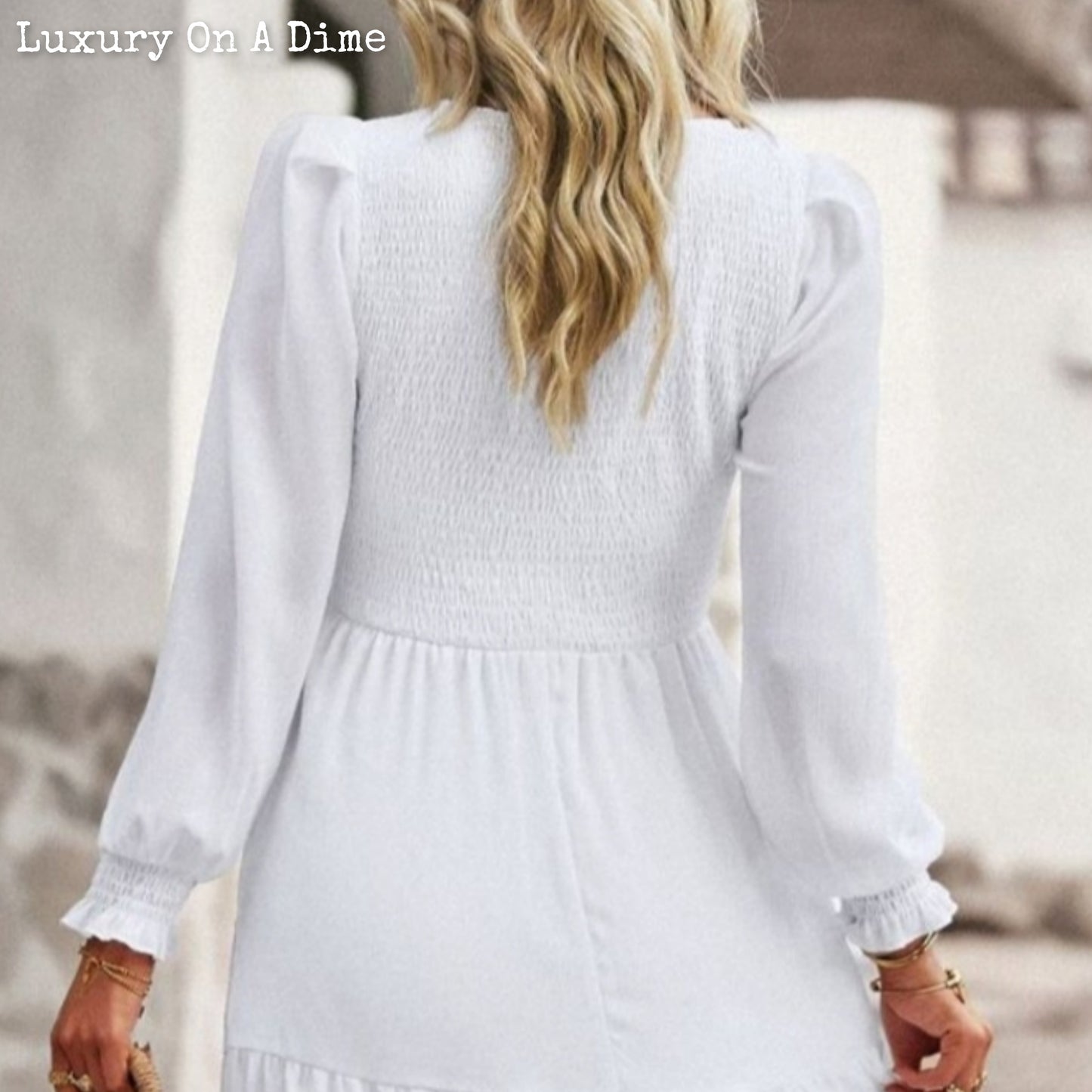 Elegant Smocked Bodice Flounce Long Sleeve Lined Midi Dress