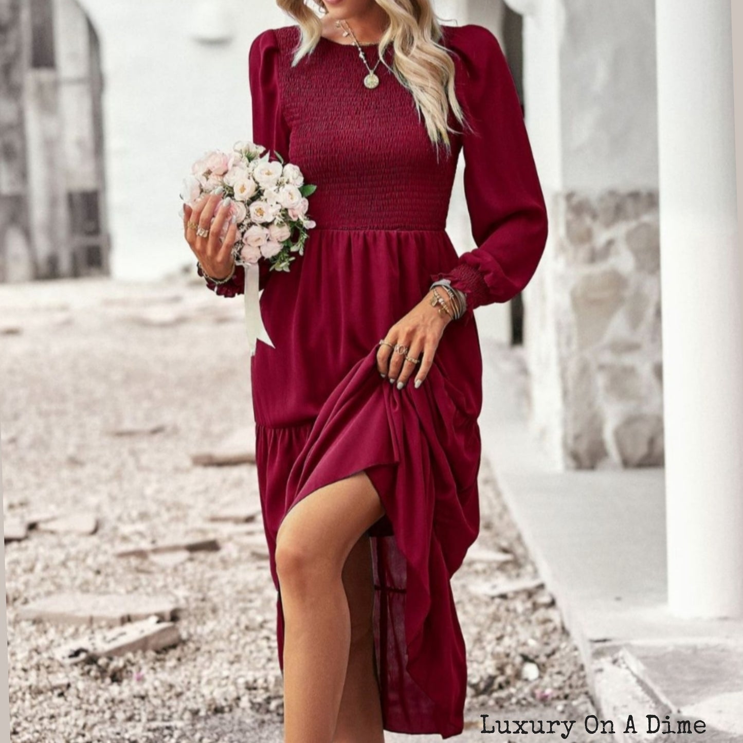 Elegant Smocked Bodice Flounce Long Sleeve Lined Midi Dress