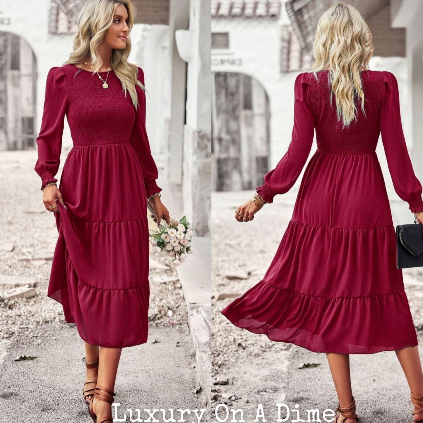 Elegant Smocked Bodice Flounce Long Sleeve Lined Midi Dress