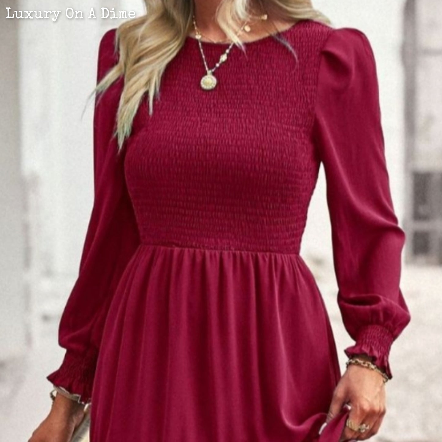 Elegant Smocked Bodice Flounce Long Sleeve Lined Midi Dress