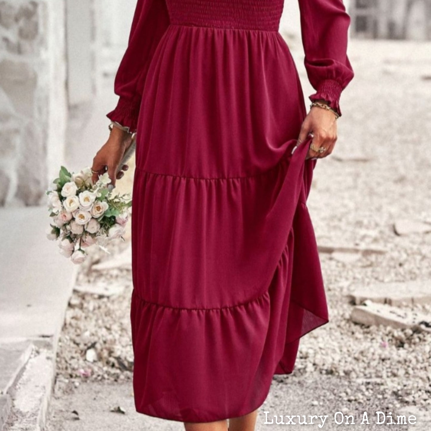 Elegant Smocked Bodice Flounce Long Sleeve Lined Midi Dress