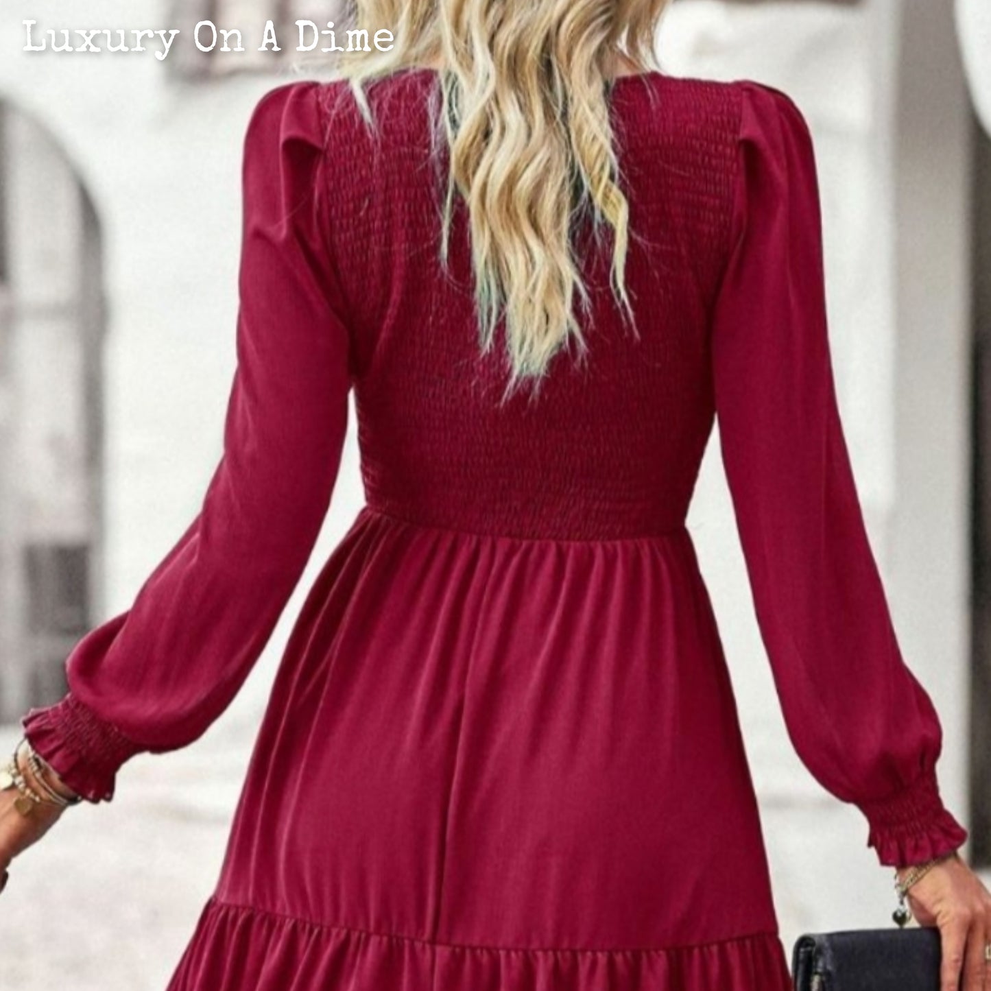 Elegant Smocked Bodice Flounce Long Sleeve Lined Midi Dress