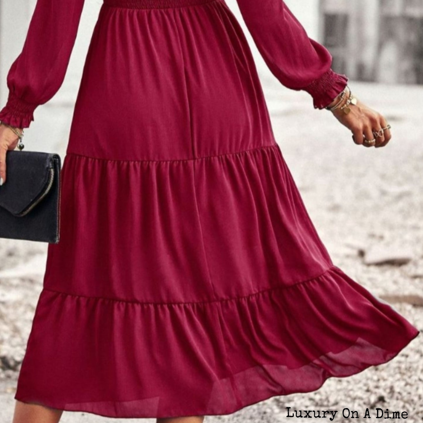 Elegant Smocked Bodice Flounce Long Sleeve Lined Midi Dress