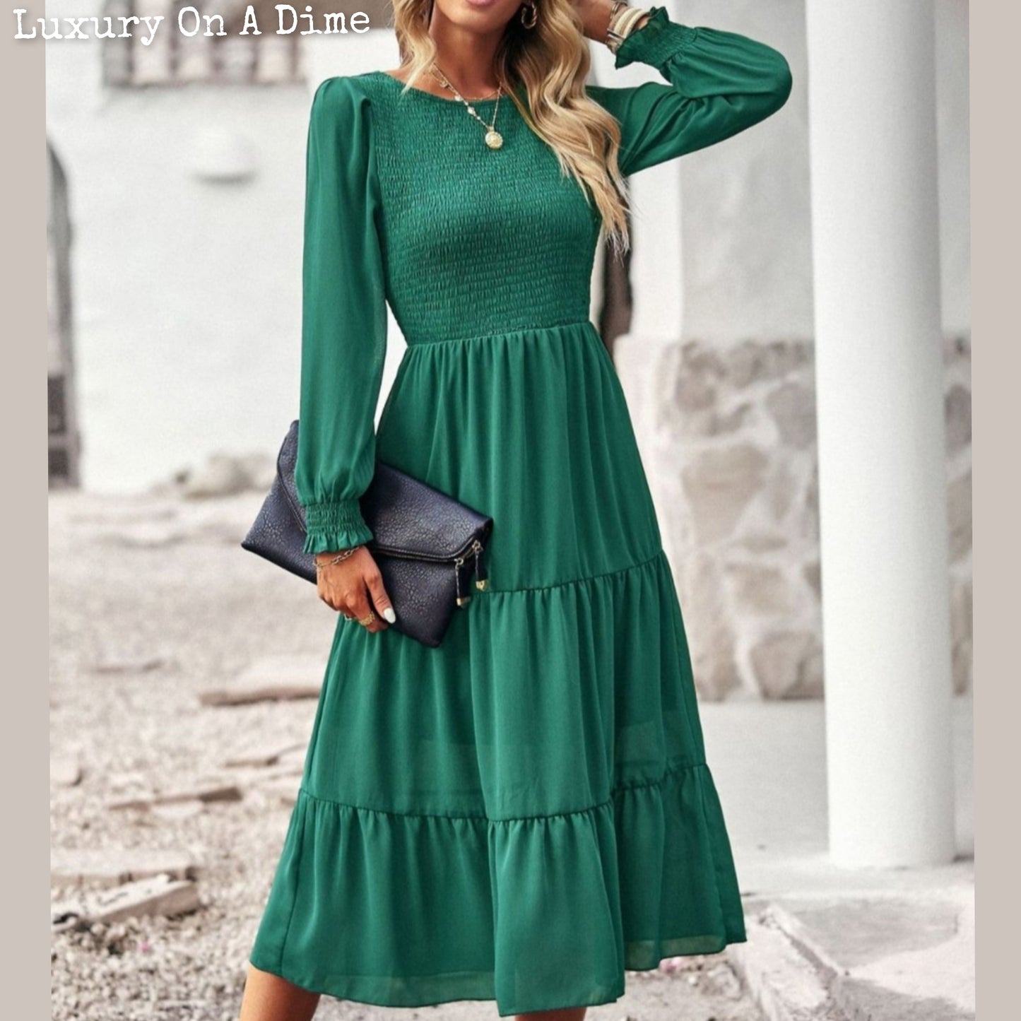 Elegant Smocked Bodice Flounce Long Sleeve Lined Midi Dress