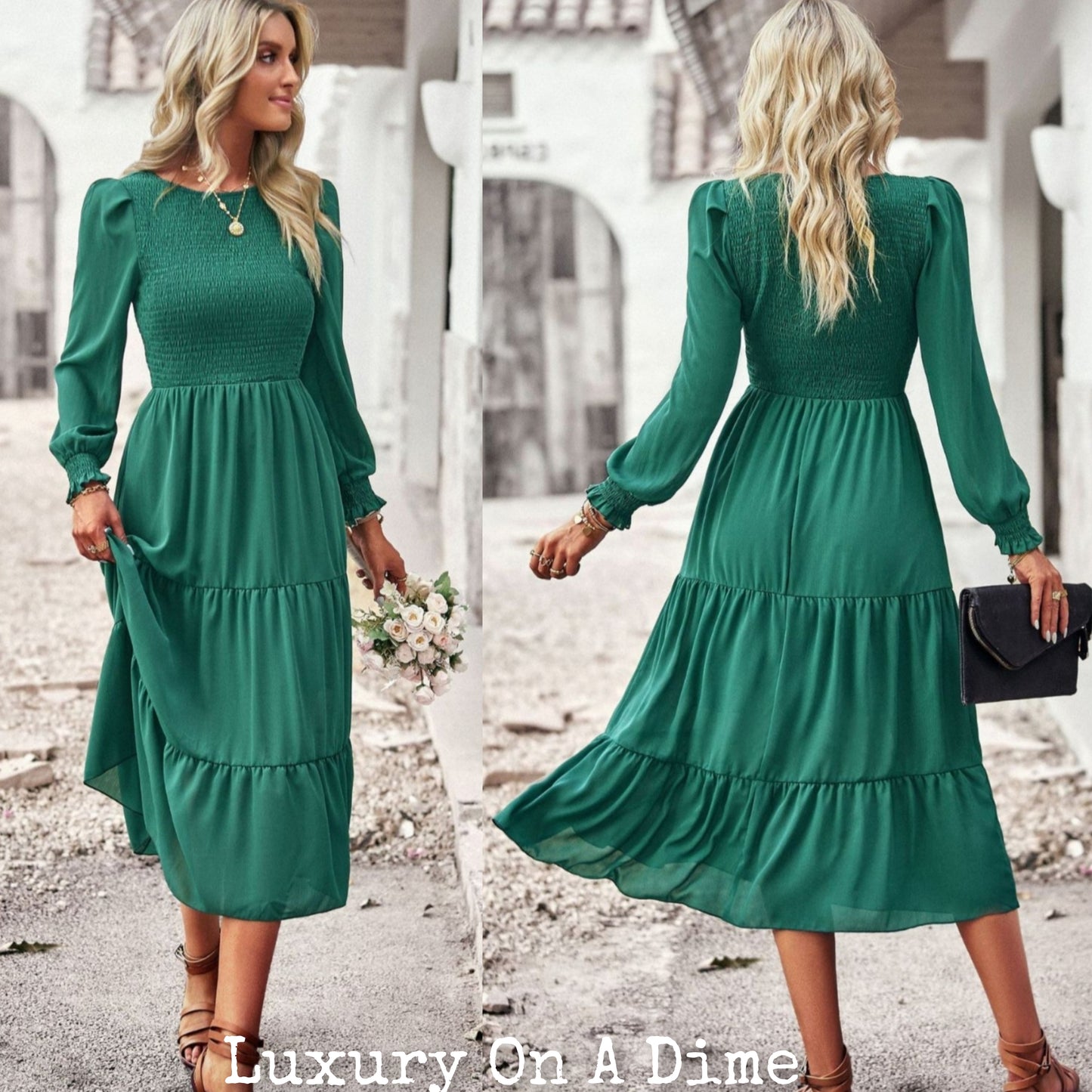 Elegant Smocked Bodice Flounce Long Sleeve Lined Midi Dress