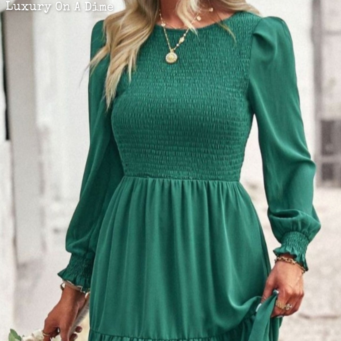 Elegant Smocked Bodice Flounce Long Sleeve Lined Midi Dress