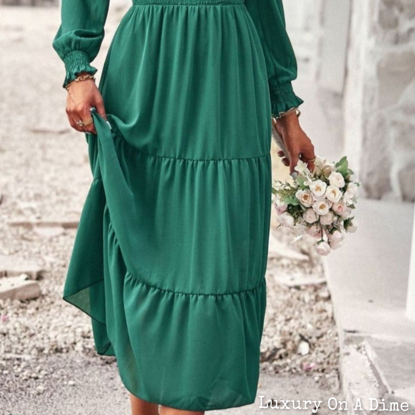 Elegant Smocked Bodice Flounce Long Sleeve Lined Midi Dress