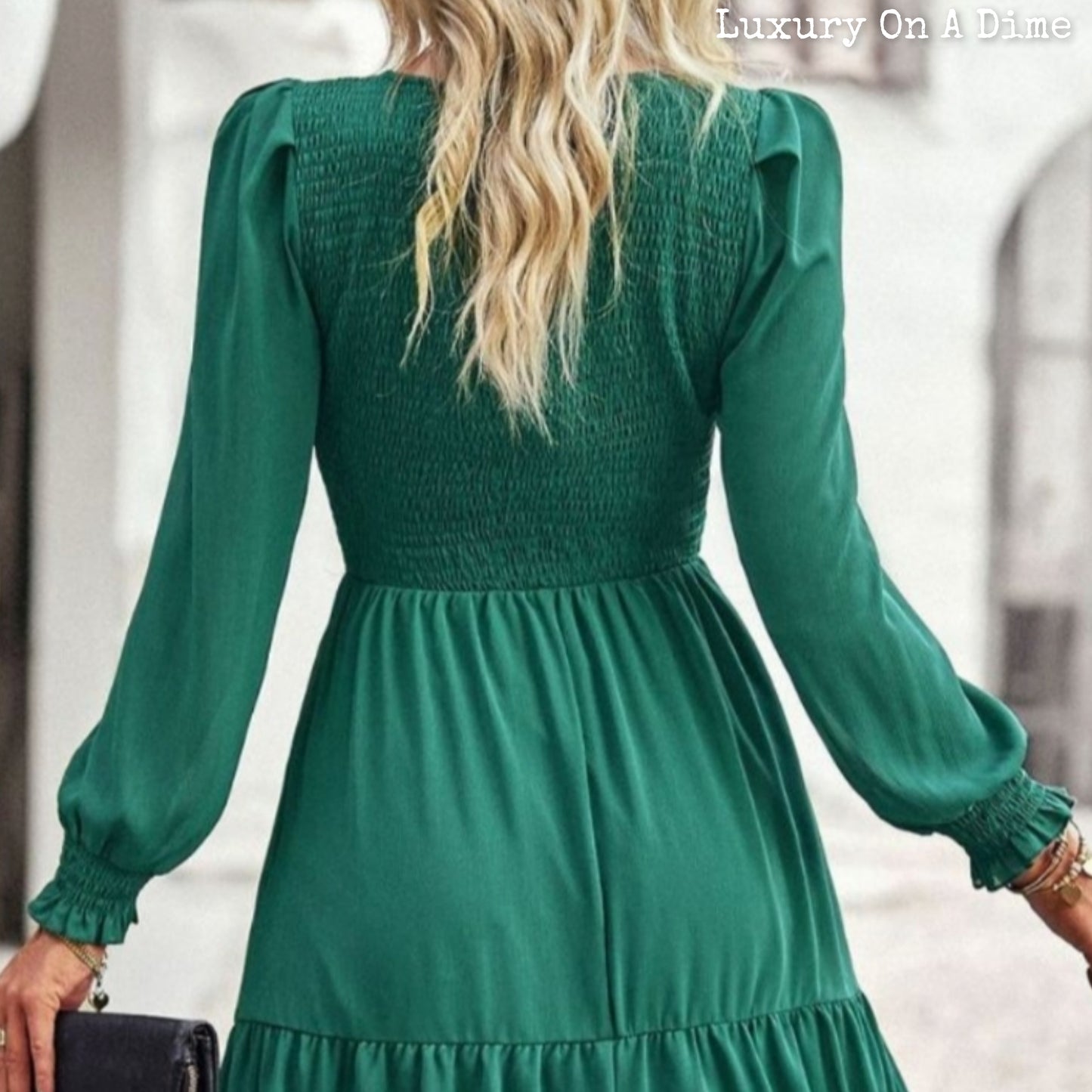 Elegant Smocked Bodice Flounce Long Sleeve Lined Midi Dress