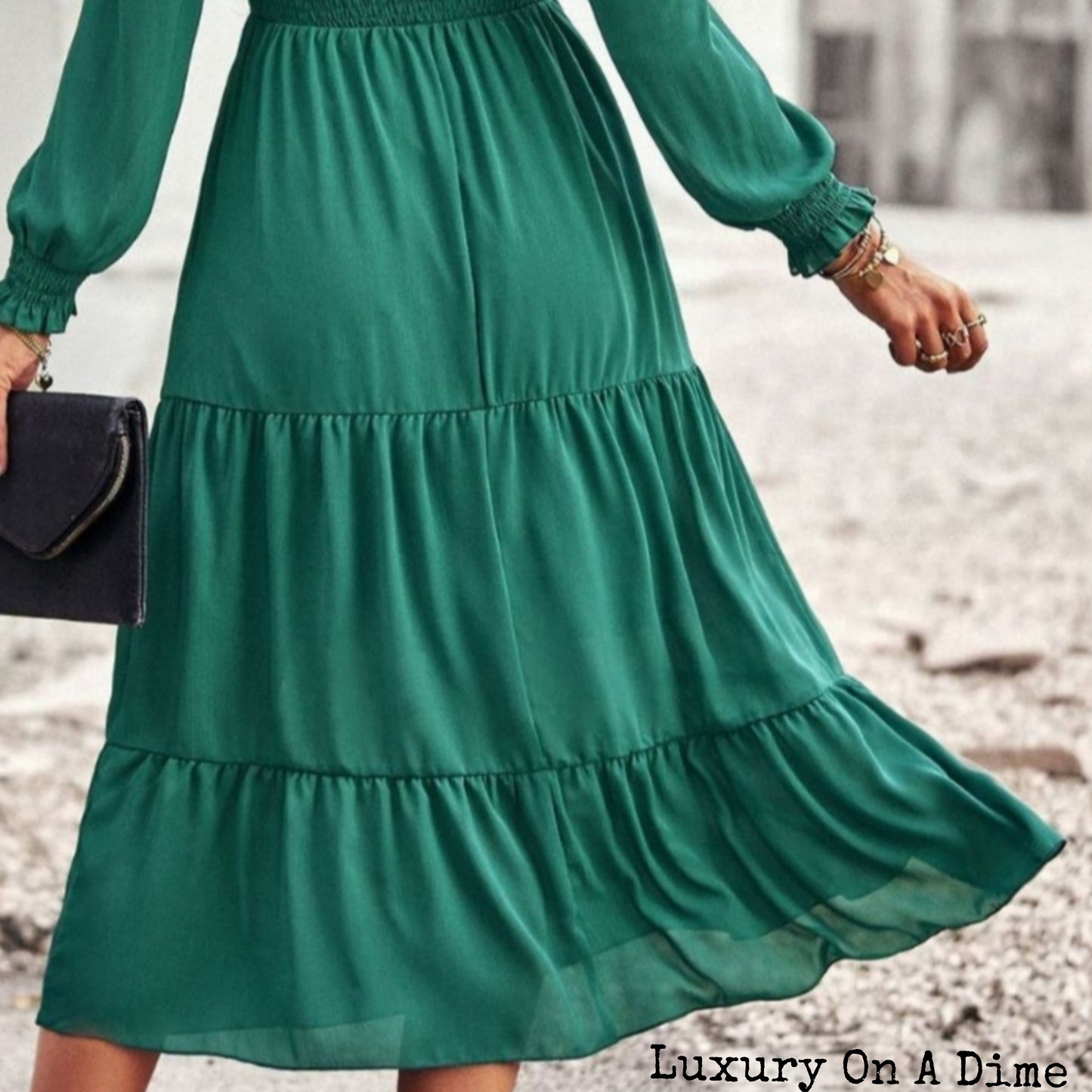 Elegant Smocked Bodice Flounce Long Sleeve Lined Midi Dress
