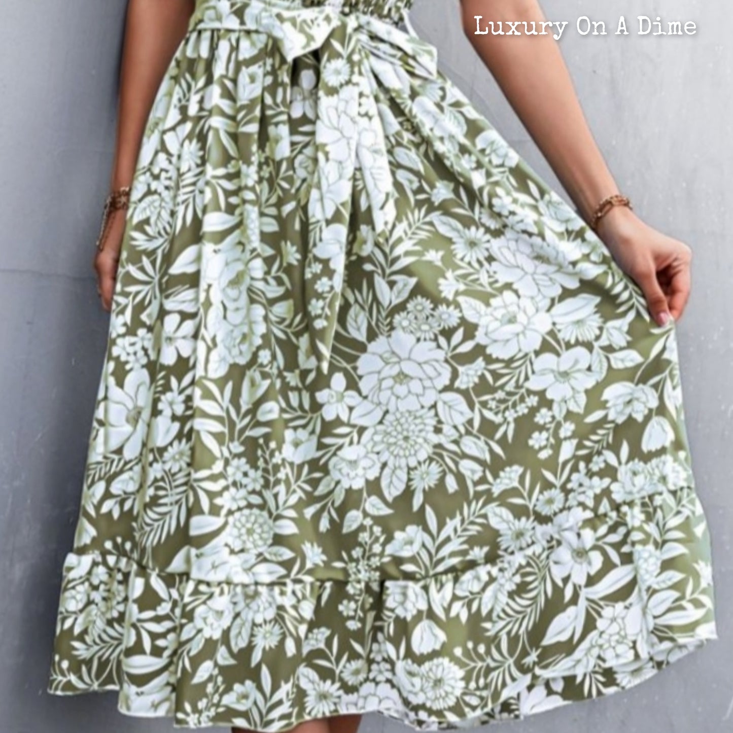 Chic Floral Ruffle Tie Belt Midi Summer Dress