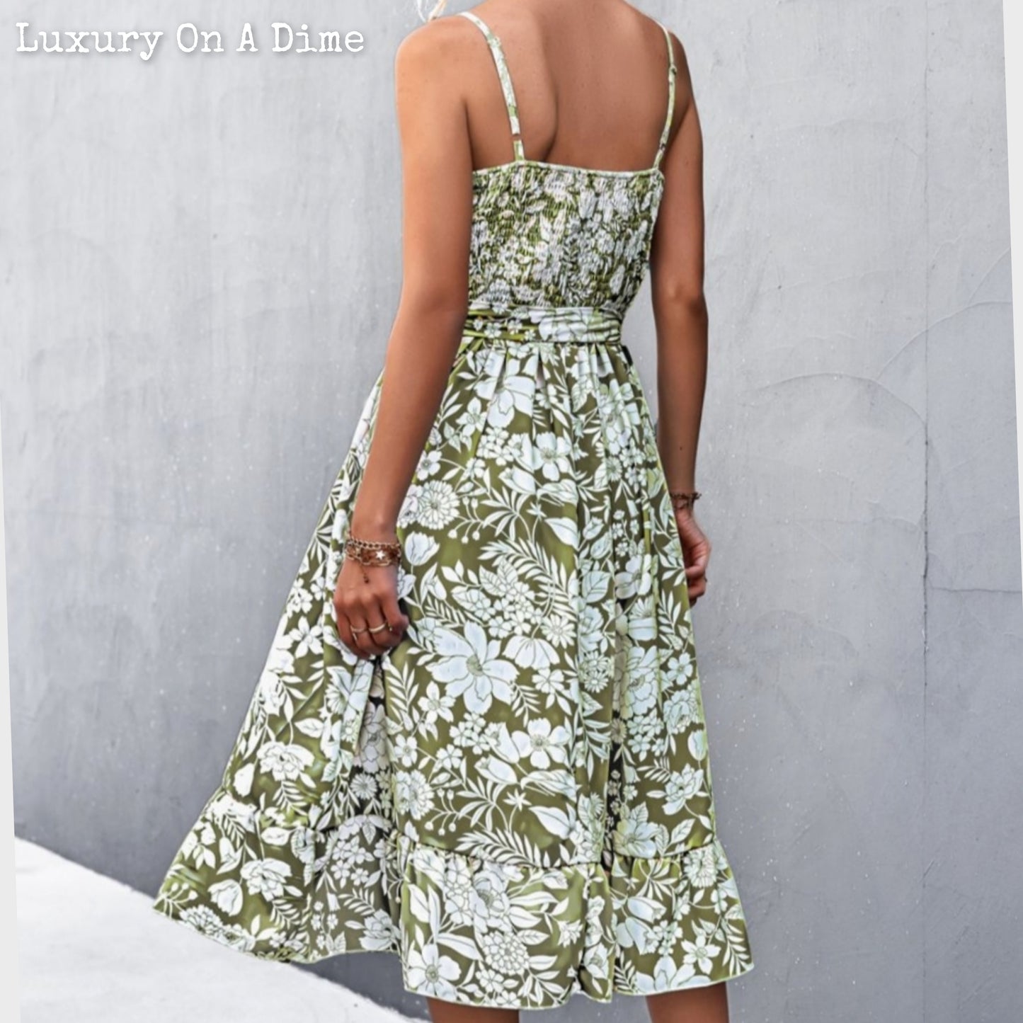 Chic Floral Ruffle Tie Belt Midi Summer Dress