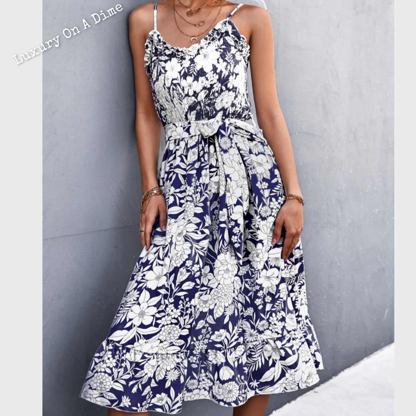 Chic Floral Ruffle Tie Belt Midi Summer Dress