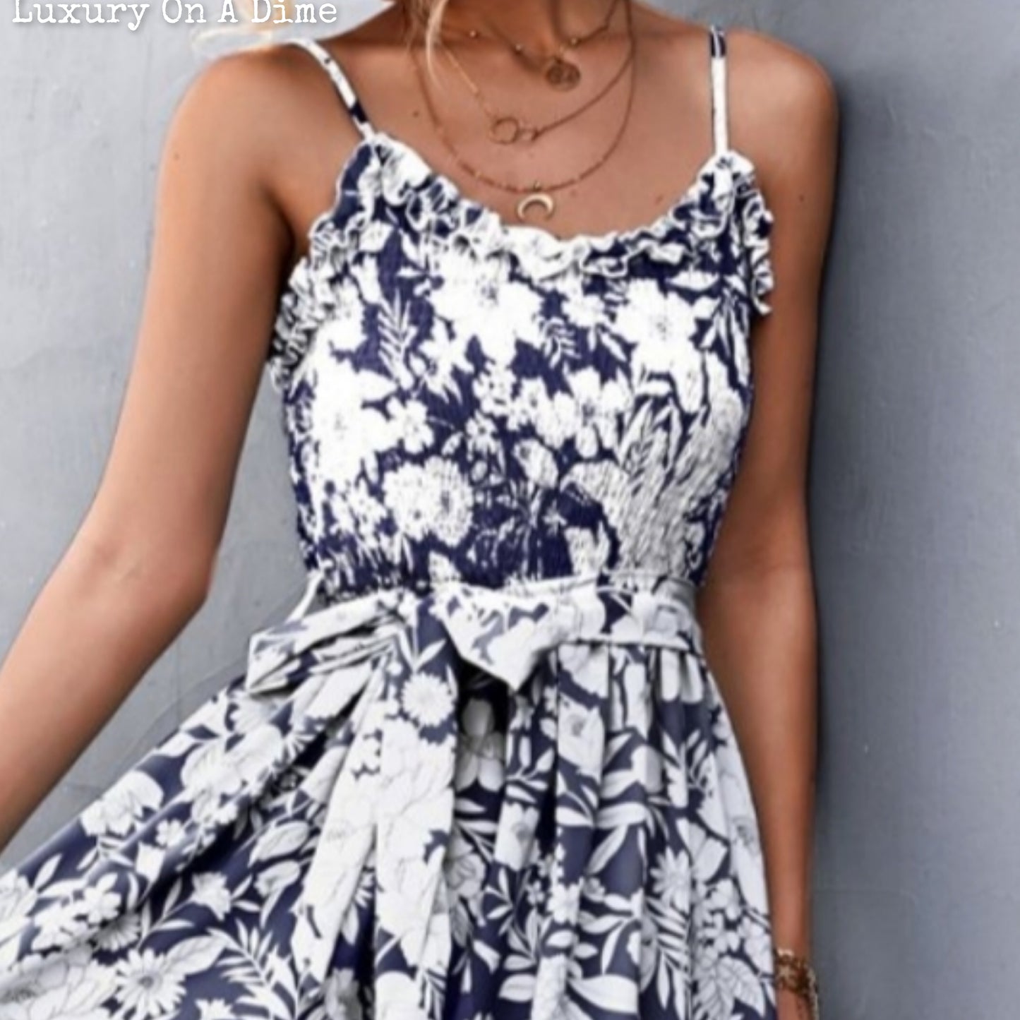 Chic Floral Ruffle Tie Belt Midi Summer Dress