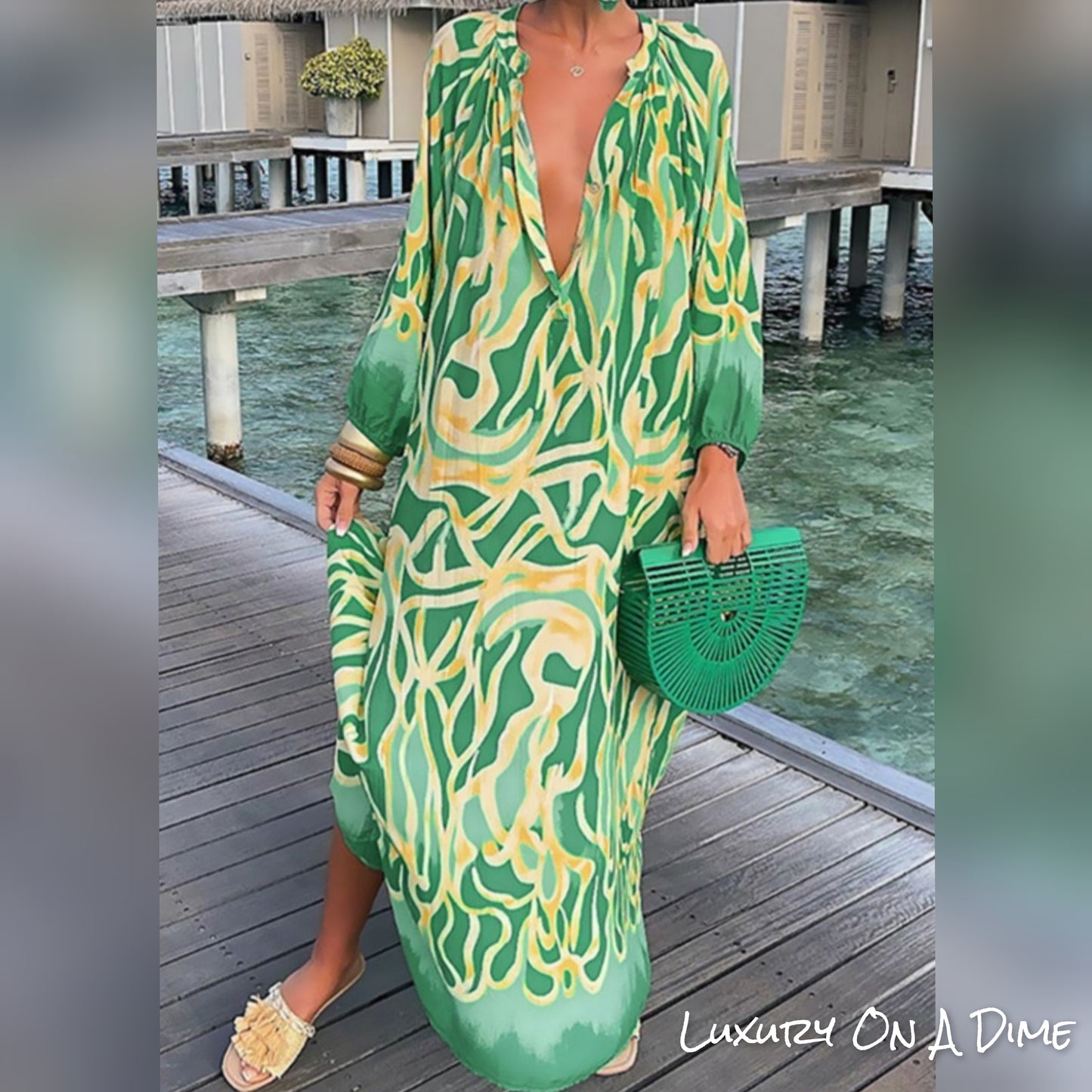 Green Abstract Button Chest Oversized Long Sleeve Dress