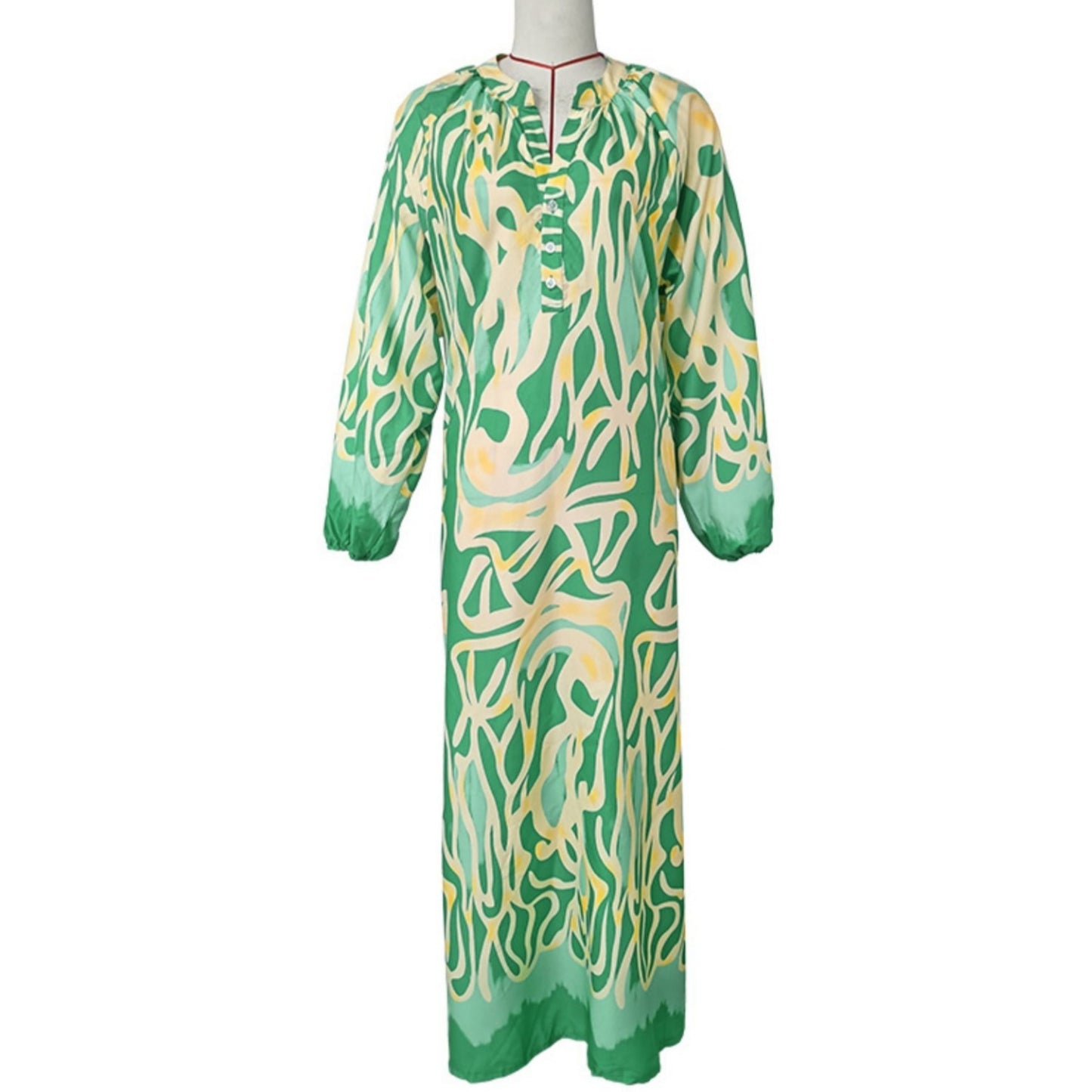 Green Abstract Button Chest Oversized Long Sleeve Dress