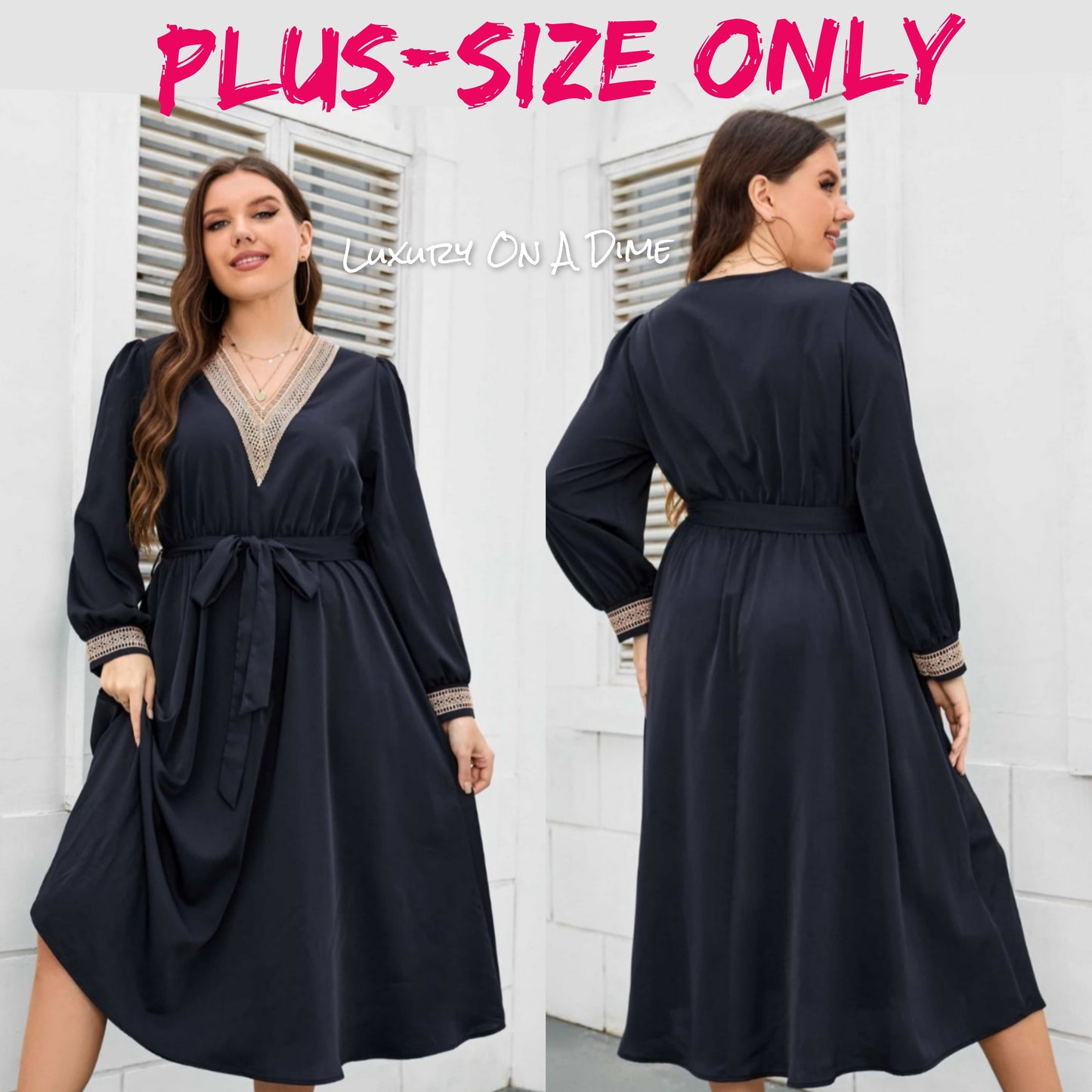 Navy Contrast Lace Trim Tie Waist Long Sleeve Midi Dress (Plus Size Only)