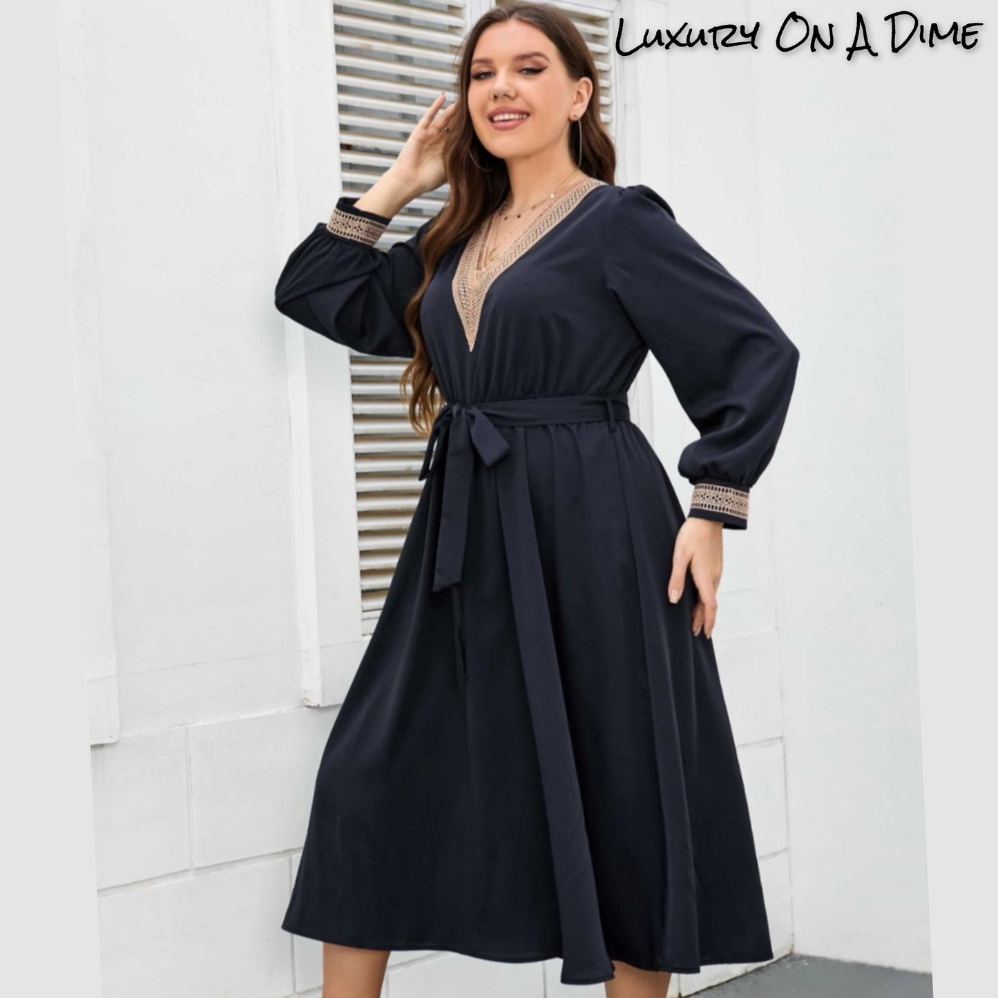 Navy Contrast Lace Trim Tie Waist Long Sleeve Midi Dress (Plus Size Only)