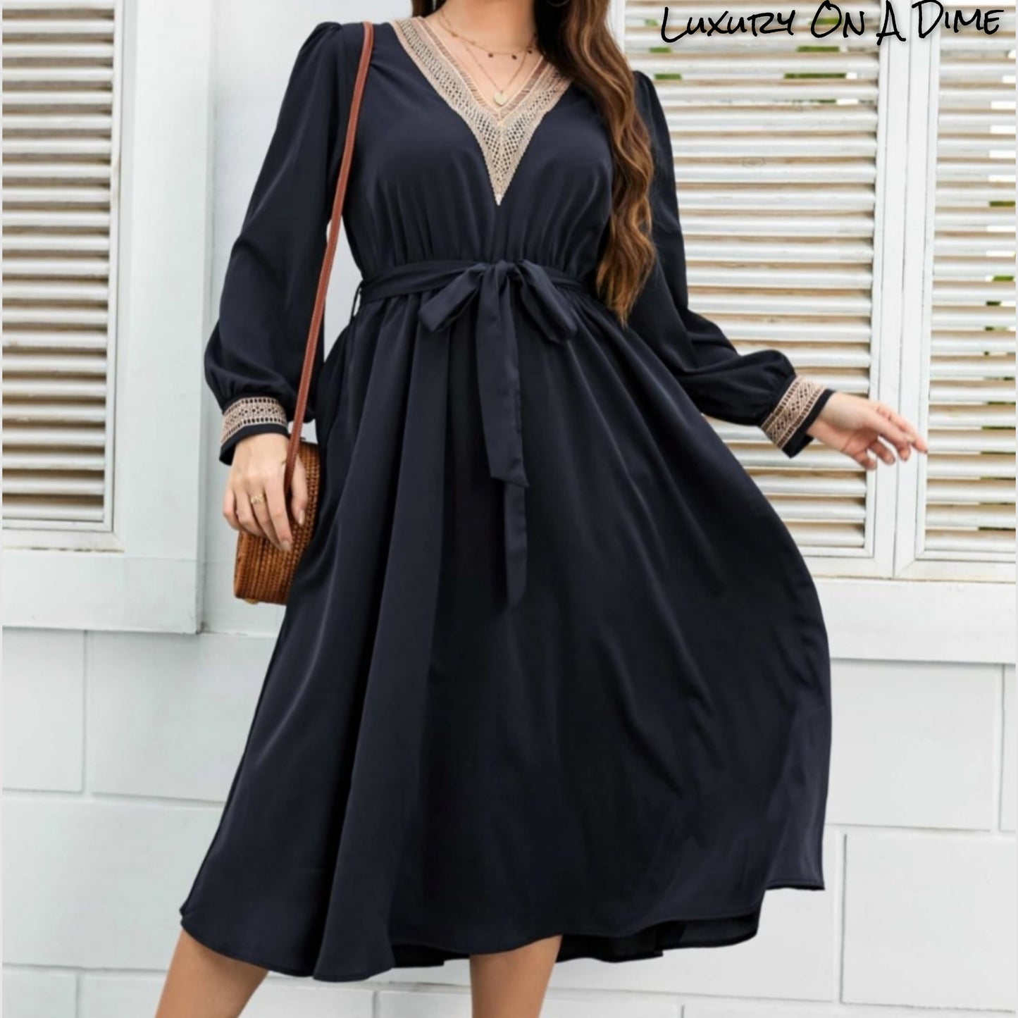 Navy Contrast Lace Trim Tie Waist Long Sleeve Midi Dress (Plus Size Only)