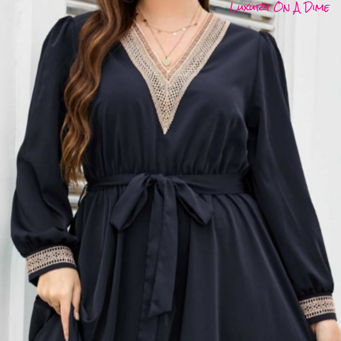 Navy Contrast Lace Trim Tie Waist Long Sleeve Midi Dress (Plus Size Only)