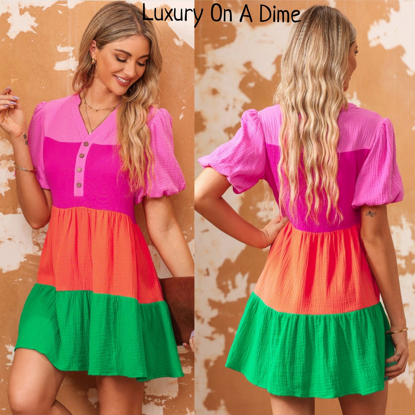 Bright 100% Cotton Color Block Babydoll Buttoned Front Crepe Mini Dress