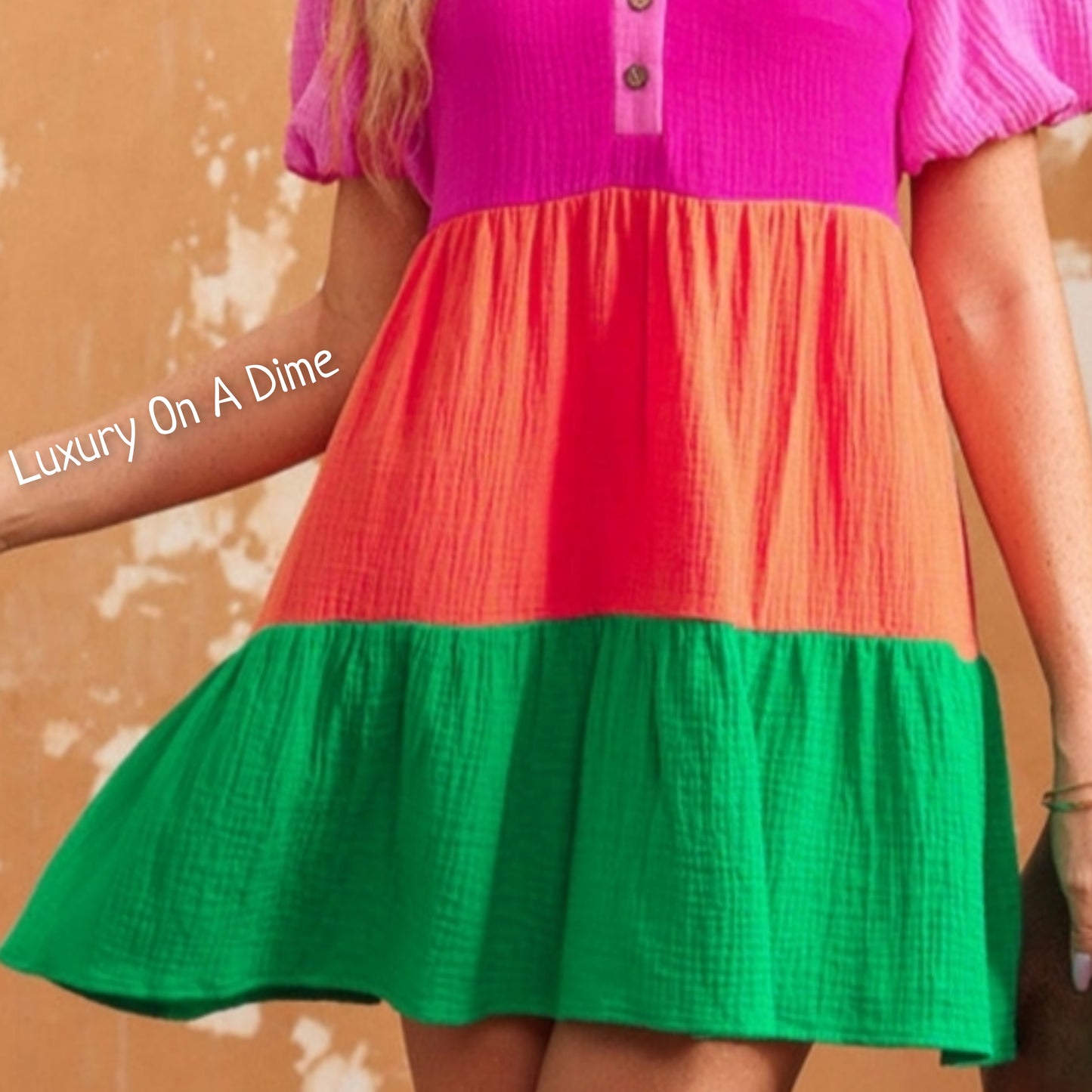 Bright 100% Cotton Color Block Babydoll Buttoned Front Crepe Mini Dress