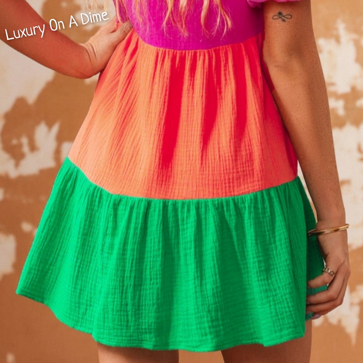 Bright 100% Cotton Color Block Babydoll Buttoned Front Crepe Mini Dress