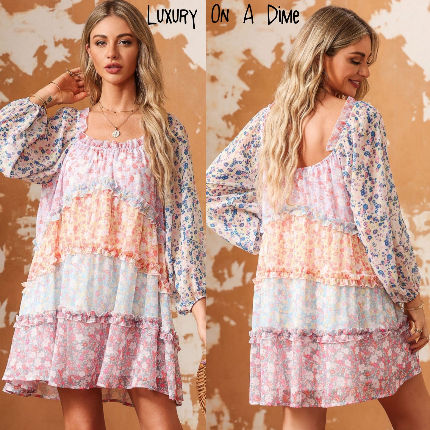 Patchwork Colorful Floral Lightweight Ruffle Trim Babydoll Bohemian Mini Dress