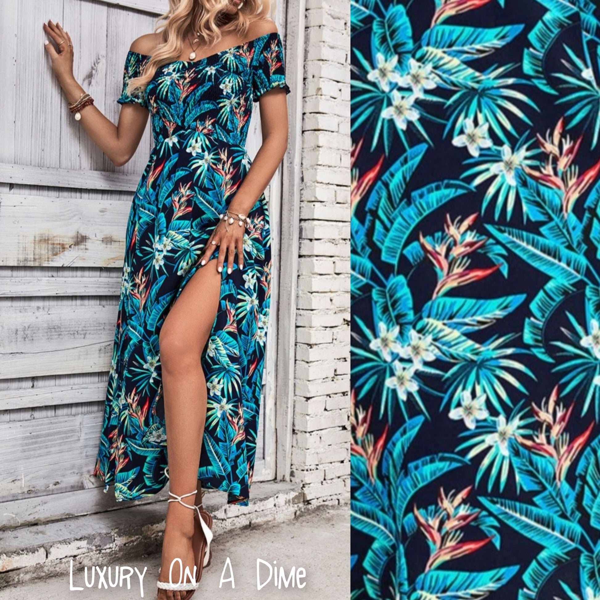 Tropical Floral Off-Shoulder Smocked Bodice Summer Maxi Dress Luxury on a Dime Tropical Floral Off-Shoulder Smocked Bodice Summer Maxi Dress Luxury on a Dime