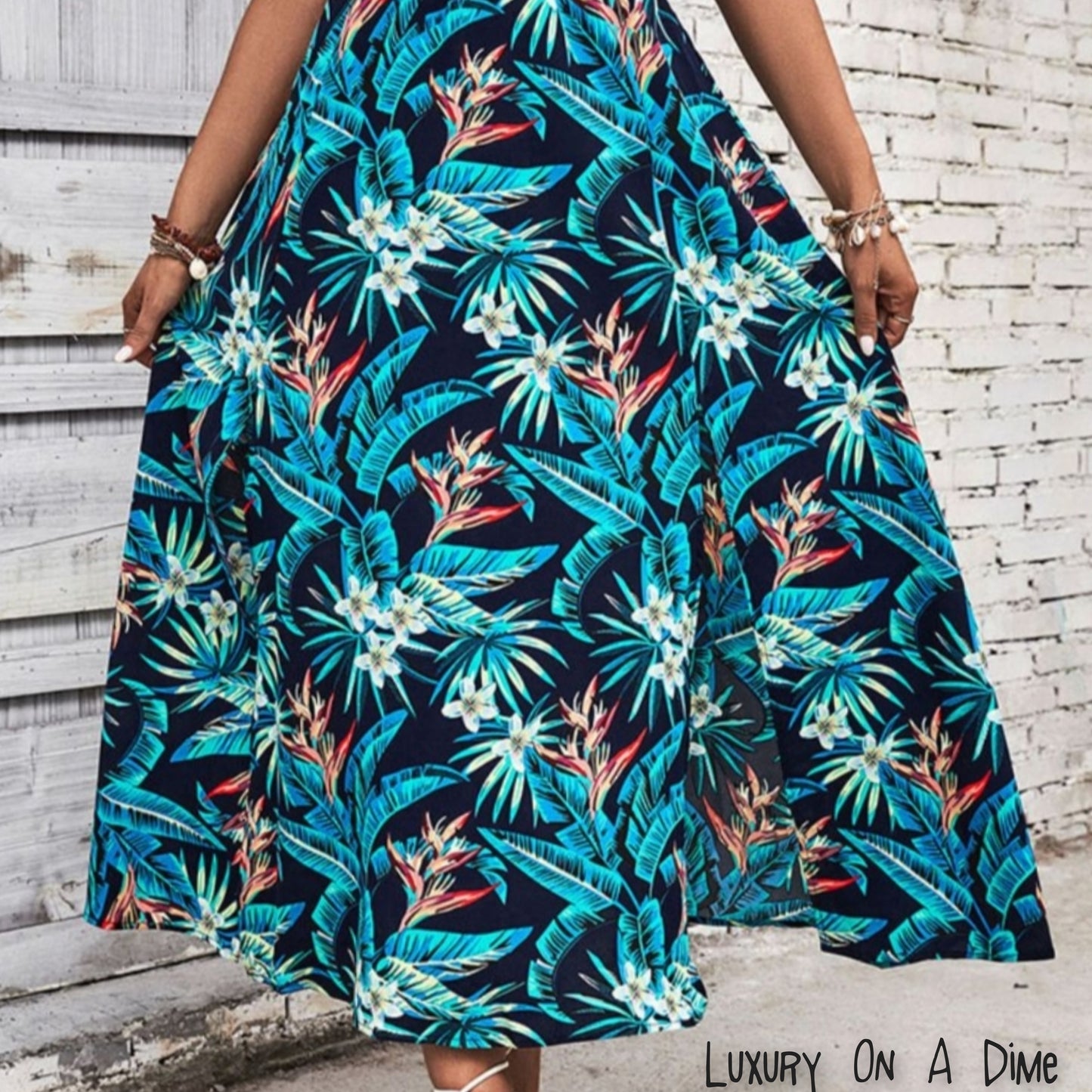 Tropical Floral Off-Shoulder Smocked Bodice Summer Maxi Dress