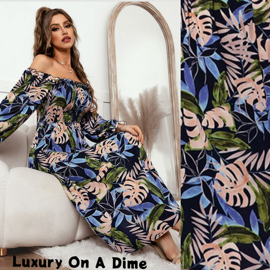 Tropical Floral Off-Shoulder Long-sleeve Smocked Summer Maxi Dress