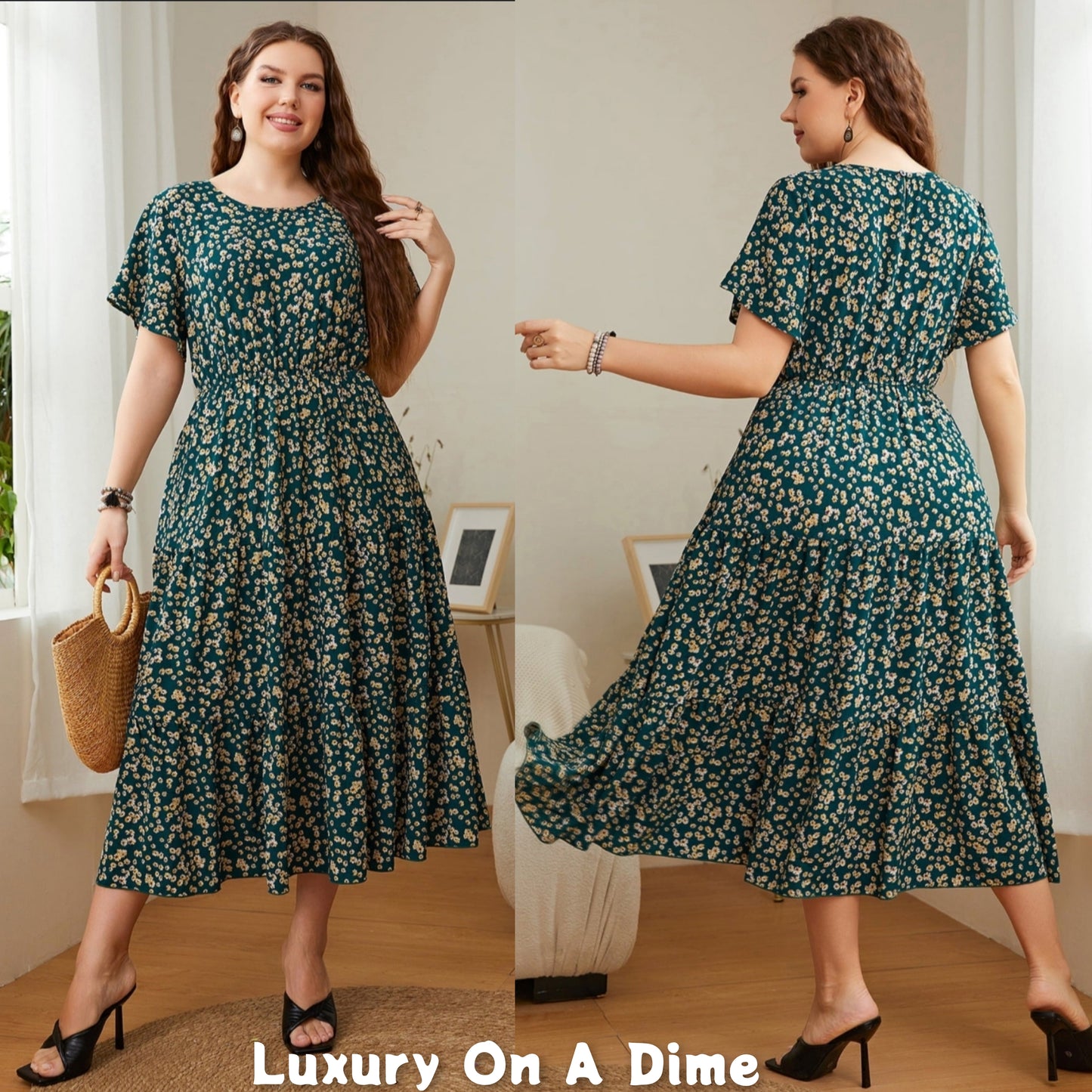 Classy Floral Round Neck Short Sleeve Modest Midi Dress