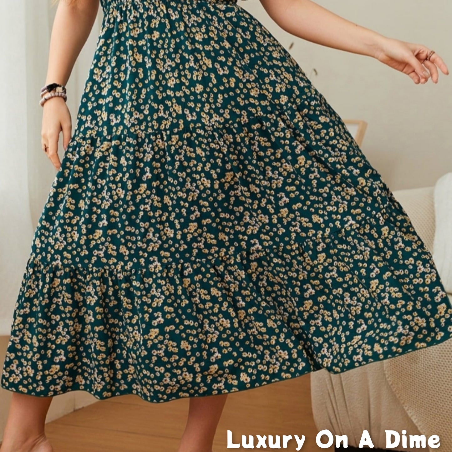 Classy Floral Round Neck Short Sleeve Modest Midi Dress