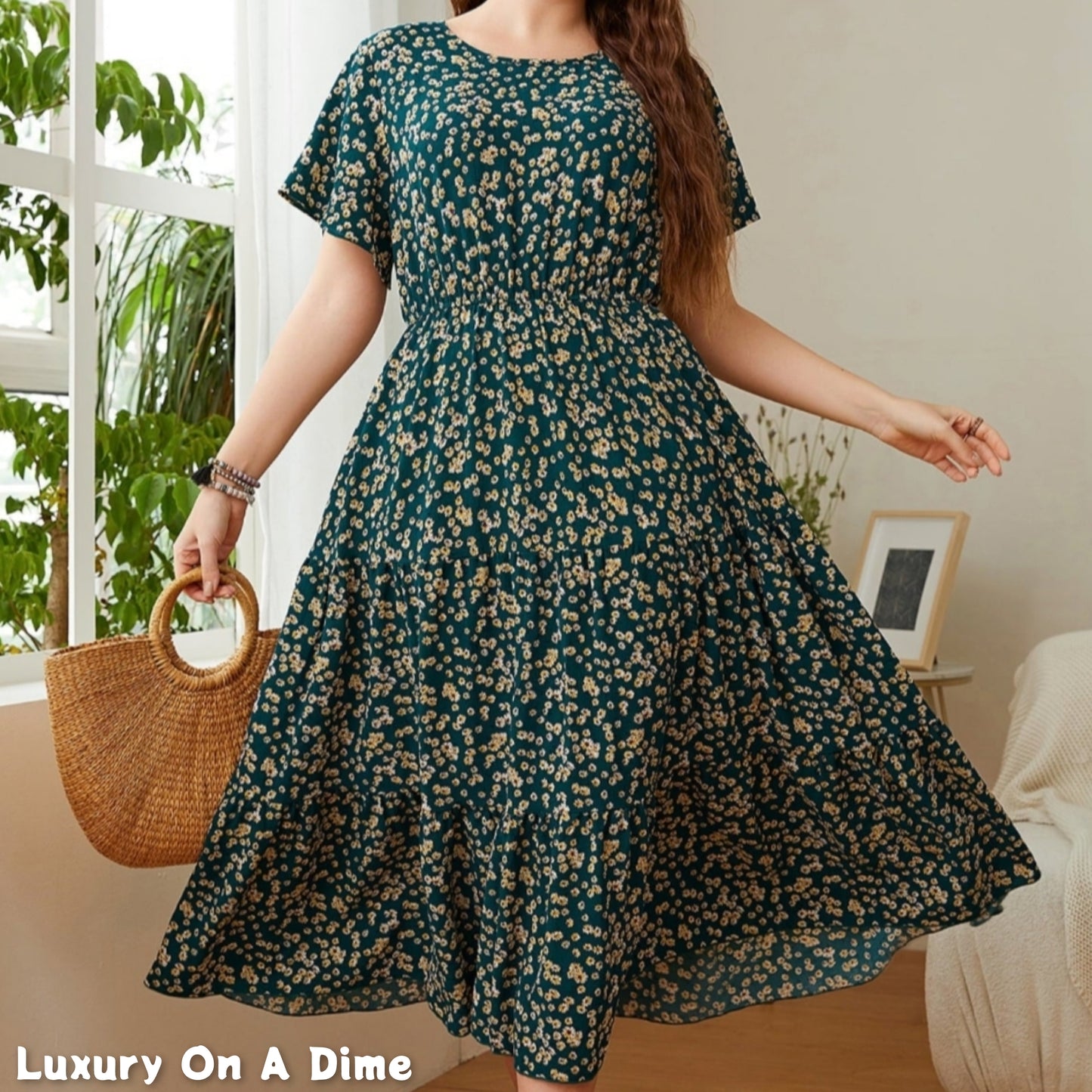 Classy Floral Round Neck Short Sleeve Modest Midi Dress