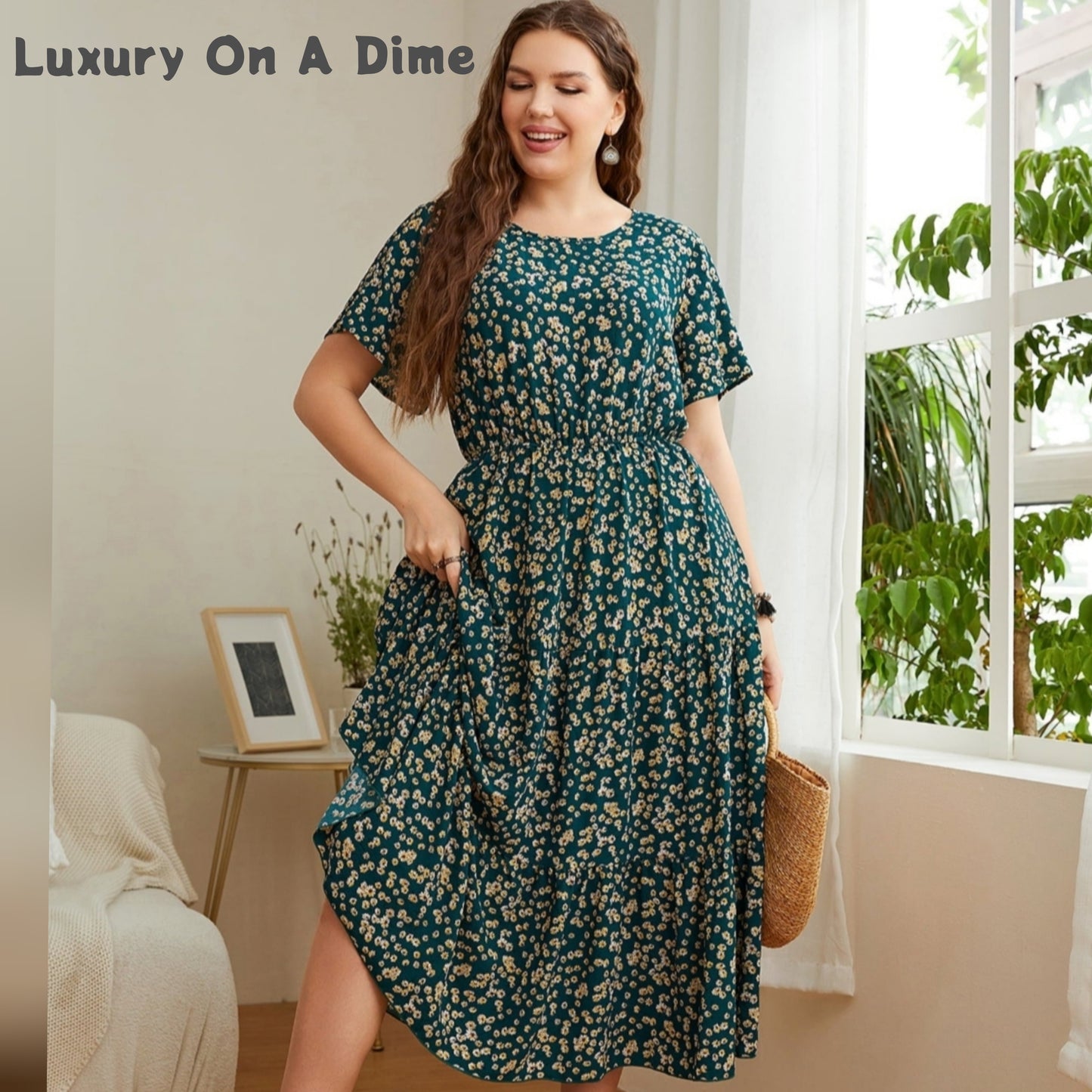 Classy Floral Round Neck Short Sleeve Modest Midi Dress