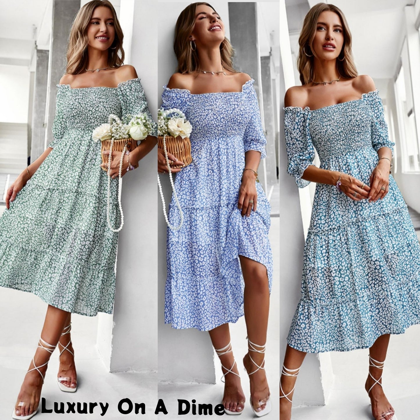 Pastel Ditsy Floral Midi Off-Shoulder Smocked Dress