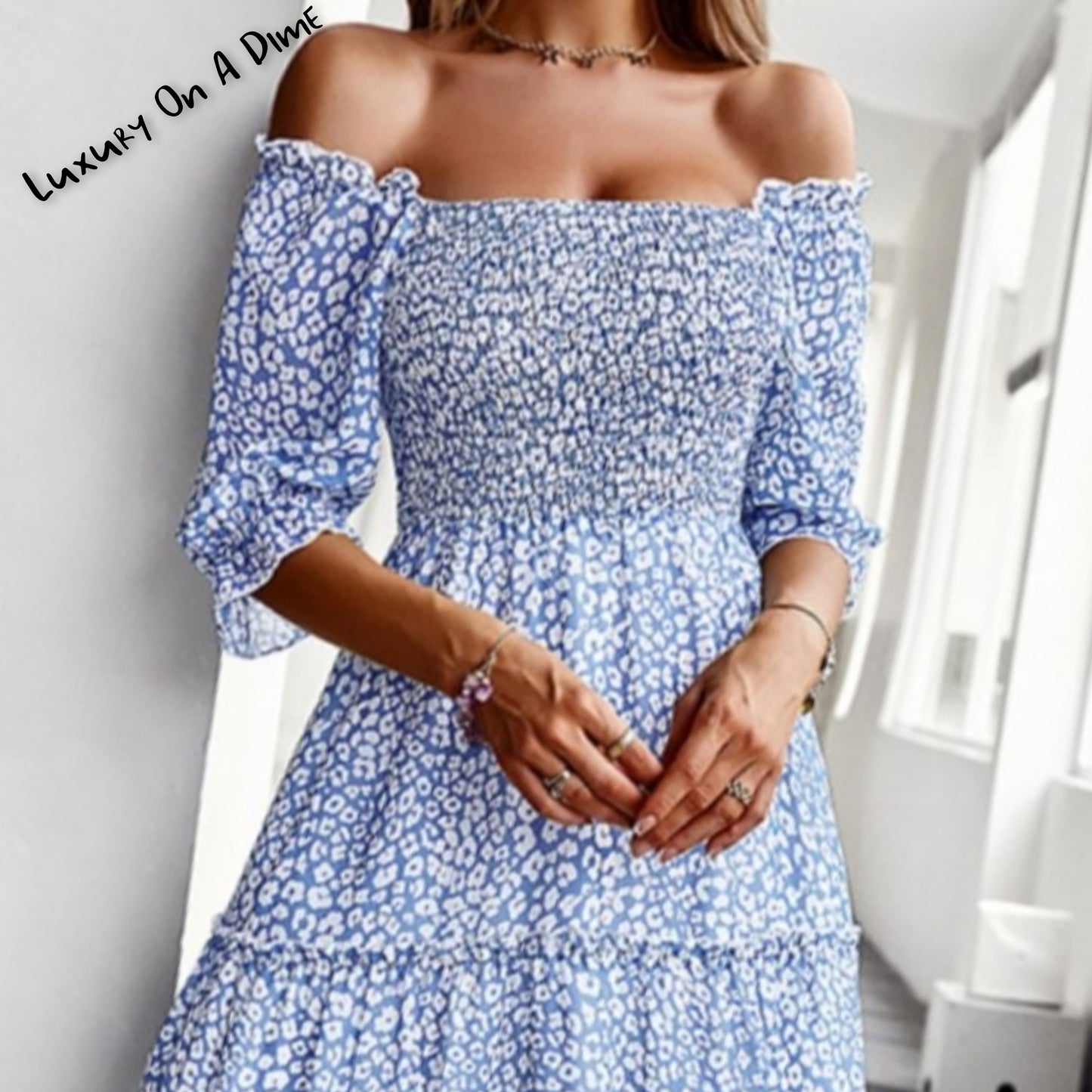 Pastel Ditsy Floral Midi Off-Shoulder Smocked Dress