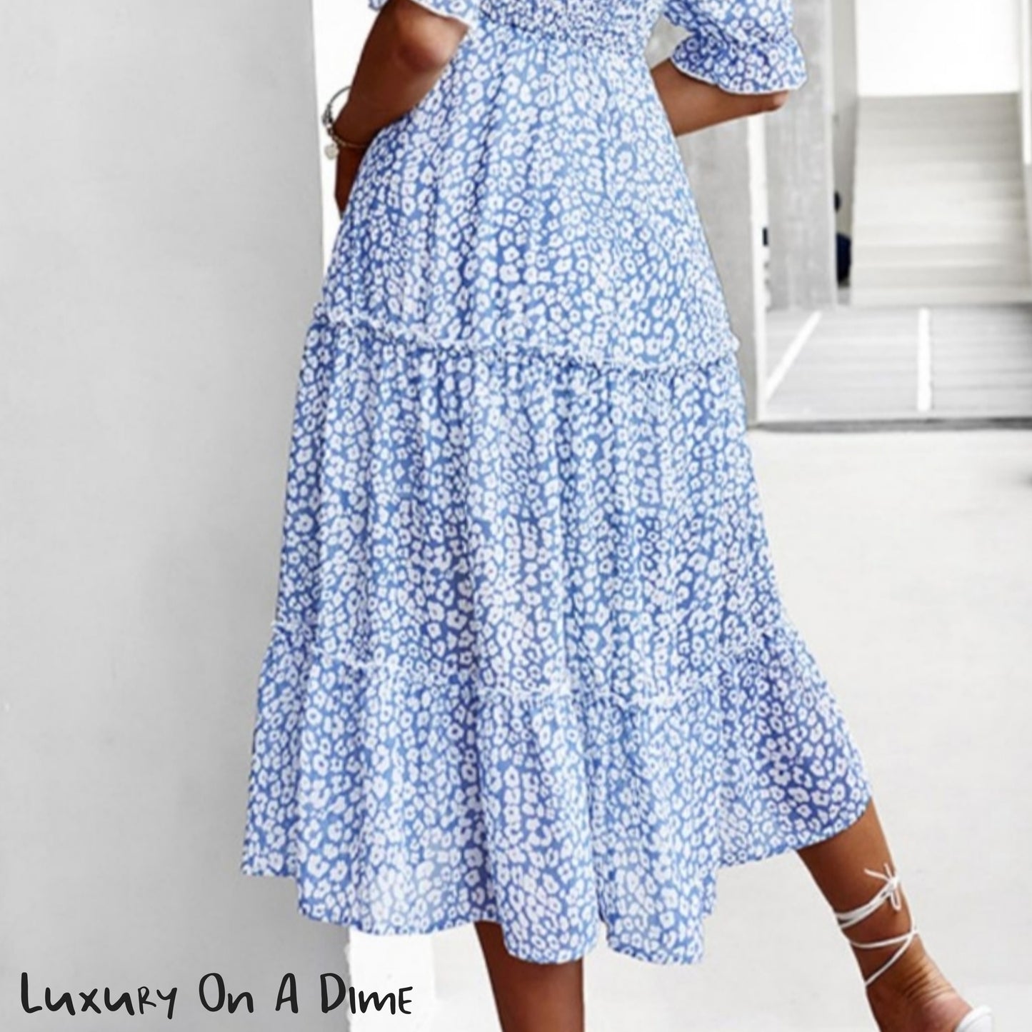 Pastel Ditsy Floral Midi Off-Shoulder Smocked Dress